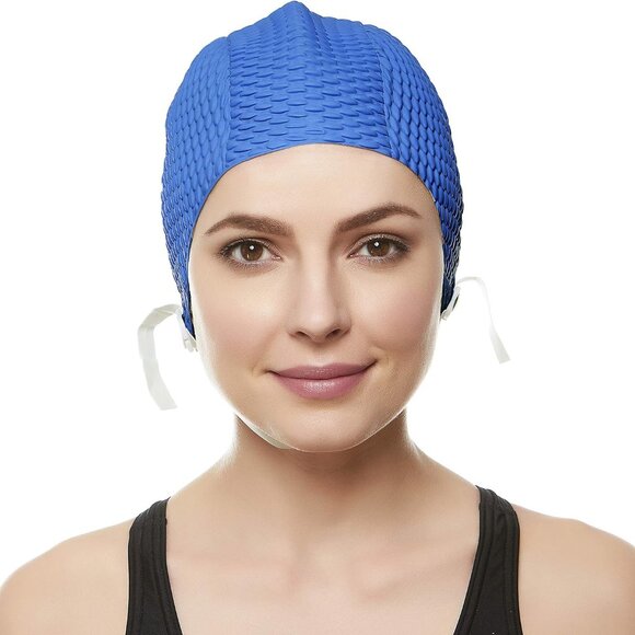 Beemo Swim Cap Women Chin Strap Bubble Crepe Latex Long Short Hair - Navy - Picture 3 of 9